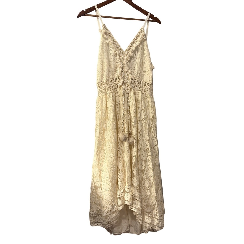 Boho Cream Floral Lace High-Low Midi Dress Pom Pom Tassel V-Neck Smocked Back